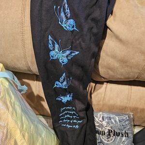 Black Sweat Pants with Blue Butterfly Print